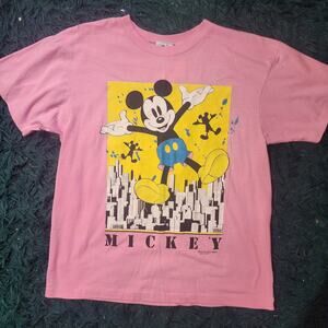 Vintage Mickey Mouse Disney Graphic Tee Pink Cartoon Shirt USA Made L